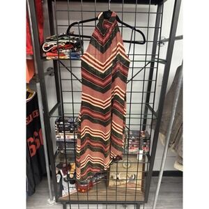 Vintage 90s Metallic Striped High Neck Halter Asymmetrical Disco Dress Size 7/8